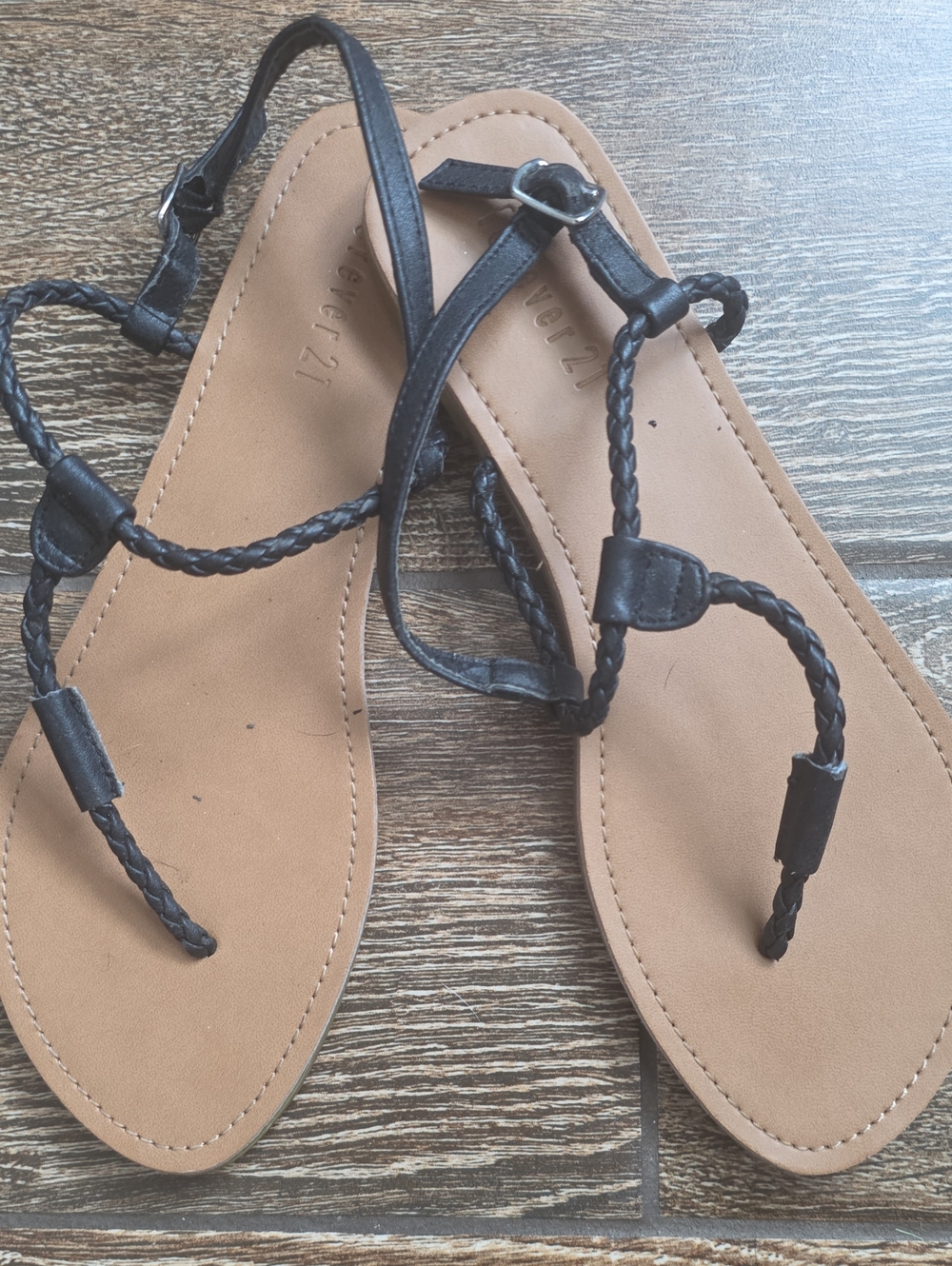 Forever 21 Black Braided Strap Sandals with Tan Footbed